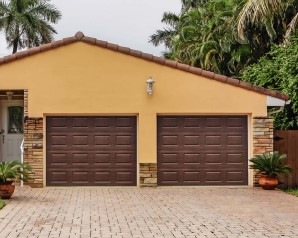 A traditional raised panel garage door