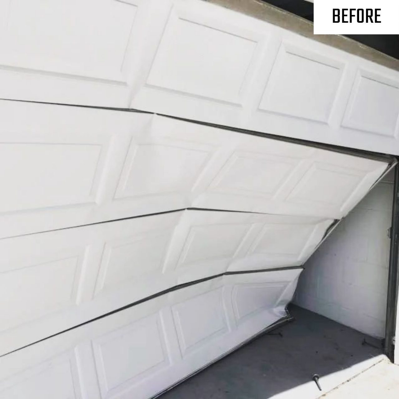 Before: a dented garage door replaced with a straight new door